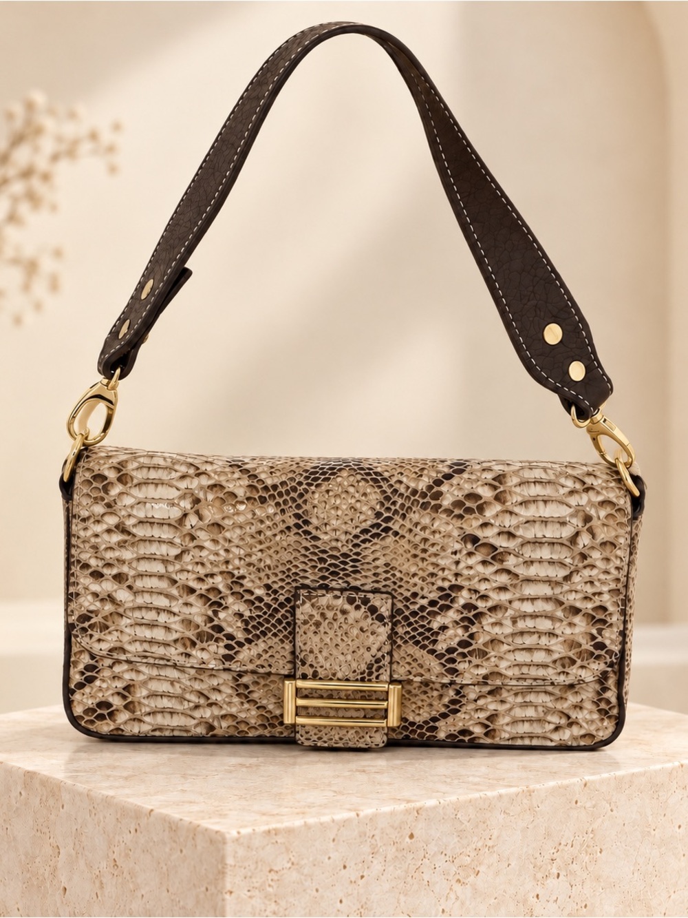 Divina Firenze Snake Print Shoulder Bag Brown Cream Gold Hardware- NWT